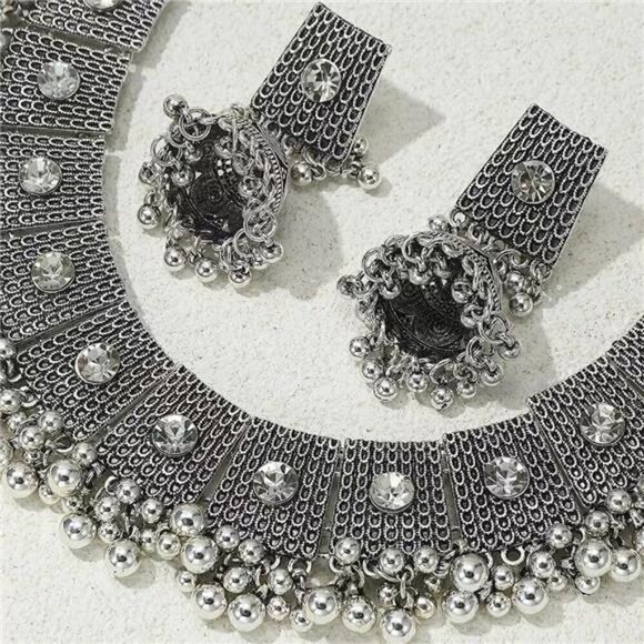 Boho Antique Silver Jewelry Set  Cubic Zirconia Crystal Elegant Embellishment - Picture 4 of 7